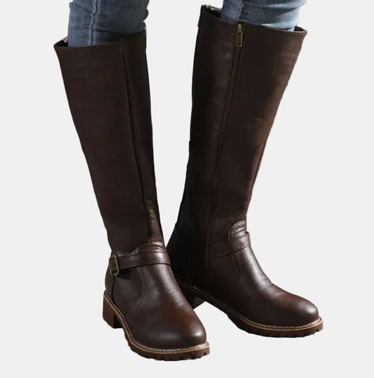 Nora | Damen Kniehohe Stiefel Kunstleder Schnalle Reißverschluss Knee High Boots