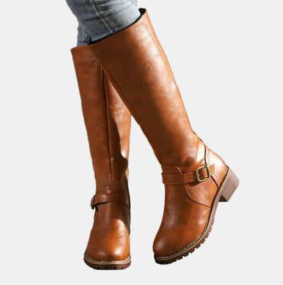 Nora | Damen Kniehohe Stiefel Kunstleder Schnalle Reißverschluss Knee High Boots