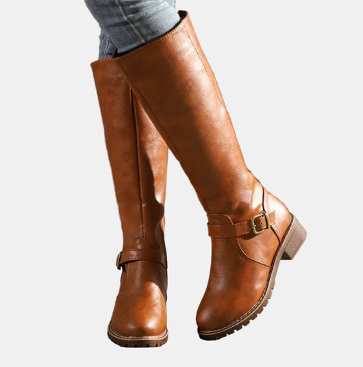 Nora | Damen Kniehohe Stiefel Kunstleder Schnalle Reißverschluss Knee High Boots