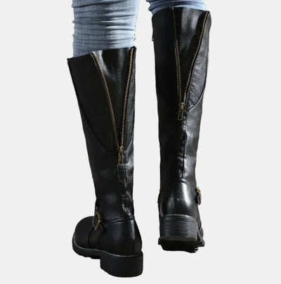Nora | Damen Kniehohe Stiefel Kunstleder Schnalle Reißverschluss Knee High Boots