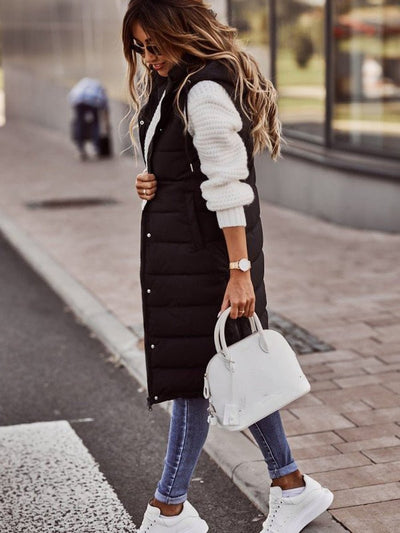 Clara | Damen Knielange Gesteppte Ärmellose Kapuzen Puffer Vest Women