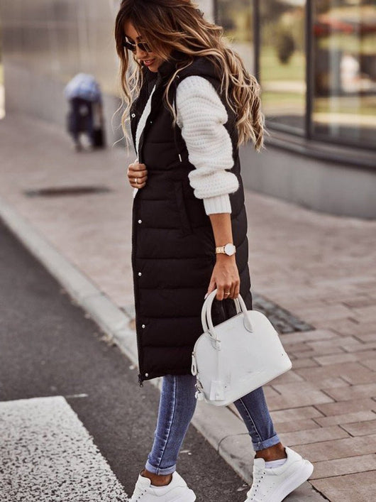 Clara | Damen Knielange Gesteppte Ärmellose Kapuzen Puffer Vest Women