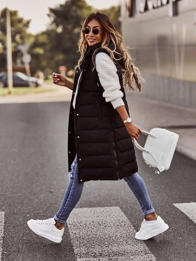 Clara | Damen Knielange Gesteppte Ärmellose Kapuzen Puffer Vest Women