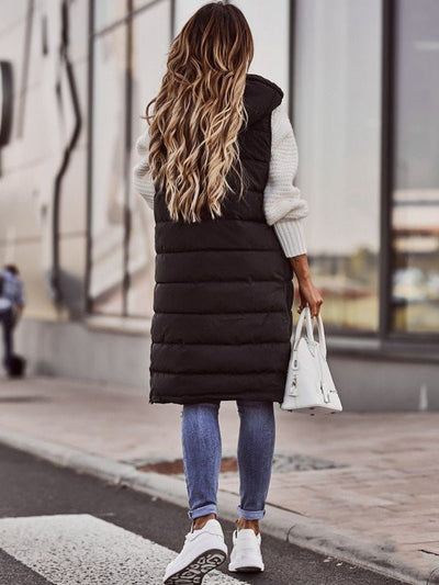 Clara | Damen Knielange Gesteppte Ärmellose Kapuzen Puffer Vest Women