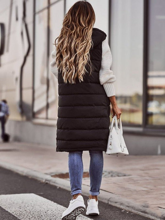 Clara | Damen Knielange Gesteppte Ärmellose Kapuzen Puffer Vest Women