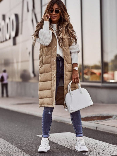 Clara | Damen Knielange Gesteppte Ärmellose Kapuzen Puffer Vest Women
