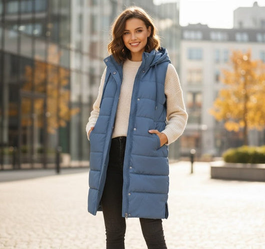 Clara | Damen Knielange Gesteppte Ärmellose Kapuzen Puffer Vest Women