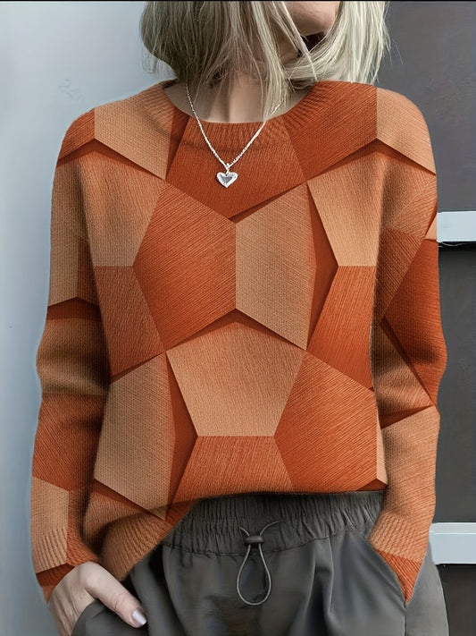 Hannah | Damen Knit Sweater mit geometrischem 3D-Muster Rundhals Langarm