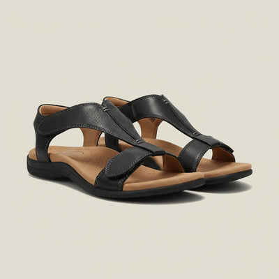 Greta | Damen Komfortable Sandalen T-Strap Klettverschluss Offene Zehenpartie