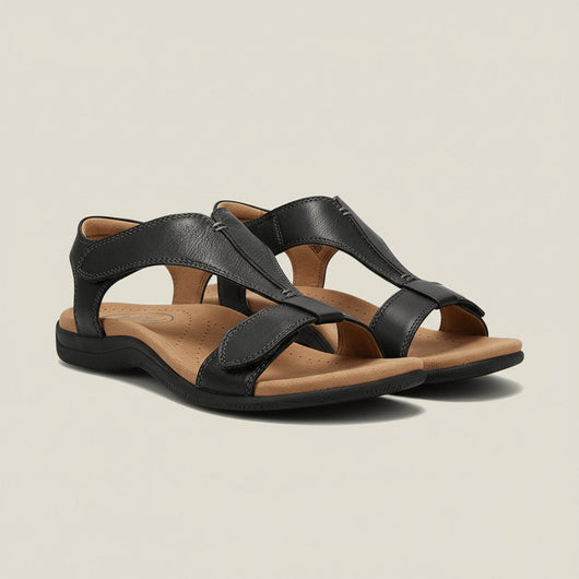 Greta | Damen Komfortable Sandalen T-Strap Klettverschluss Offene Zehenpartie