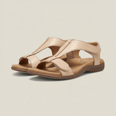 Greta | Damen Komfortable Sandalen T-Strap Klettverschluss Offene Zehenpartie