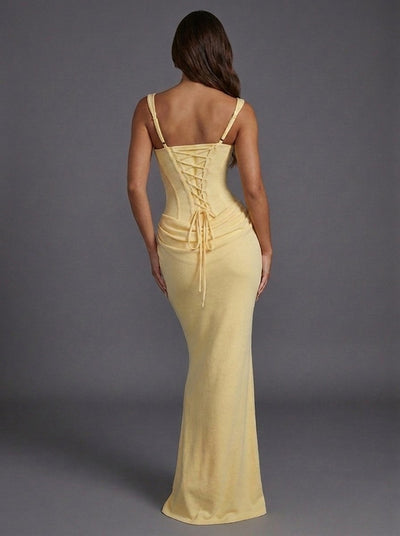 Elfriede | Damen Korsett Maxi-Abendkleid mit eckigem Ausschnitt und Raffung