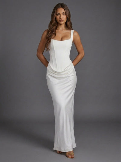 Elfriede | Damen Korsett Maxi-Abendkleid mit eckigem Ausschnitt und Raffung