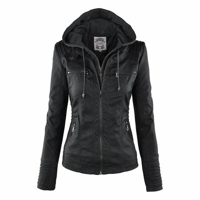 Katharina | Damen Kunstleder Bikerjacke mit Abnehmbarer Kapuze Reißverschluss