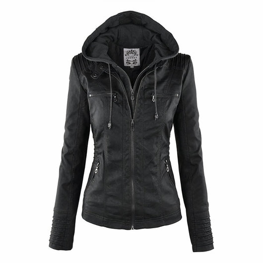 Katharina | Damen Kunstleder Bikerjacke mit Abnehmbarer Kapuze Reißverschluss