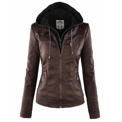 Katharina | Damen Kunstleder Bikerjacke mit Abnehmbarer Kapuze Reißverschluss