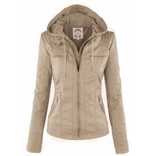 Katharina | Damen Kunstleder Bikerjacke mit Abnehmbarer Kapuze Reißverschluss