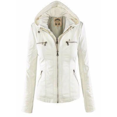 Katharina | Damen Kunstleder Bikerjacke mit Abnehmbarer Kapuze Reißverschluss