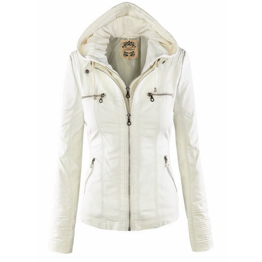 Katharina | Damen Kunstleder Bikerjacke mit Abnehmbarer Kapuze Reißverschluss