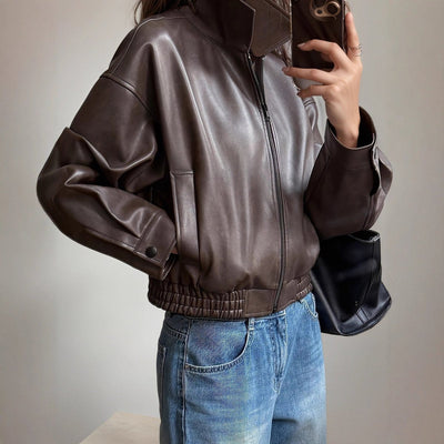 Amelie | Damen Kunstleder Bomberjacke mit elastischem Bund und Reißverschluss