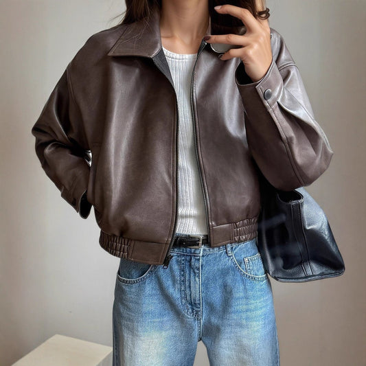 Amelie | Damen Kunstleder Bomberjacke mit elastischem Bund und Reißverschluss
