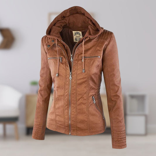 Annika | Damen Kunstleder Kapuzenjacke mit Reißverschluss Taillierter Women Coat