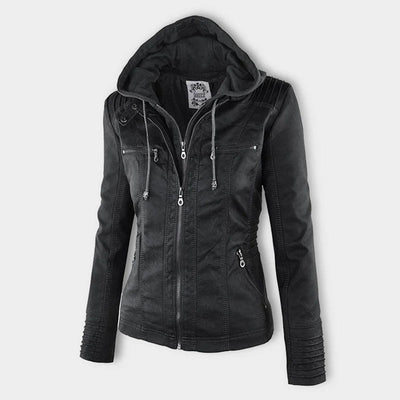 Annika | Damen Kunstleder Kapuzenjacke mit Reißverschluss Taillierter Women Coat