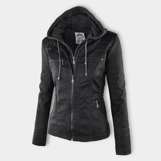 Annika | Damen Kunstleder Kapuzenjacke mit Reißverschluss Taillierter Women Coat