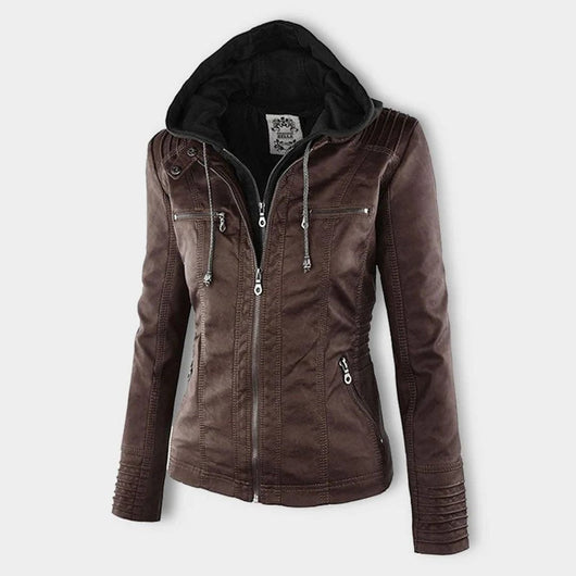 Annika | Damen Kunstleder Kapuzenjacke mit Reißverschluss Taillierter Women Coat