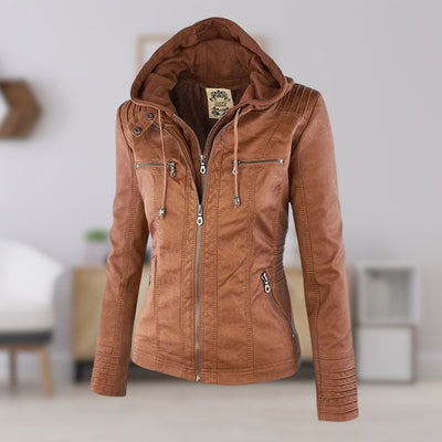 Annika | Damen Kunstleder Kapuzenjacke mit Reißverschluss Taillierter Women Coat