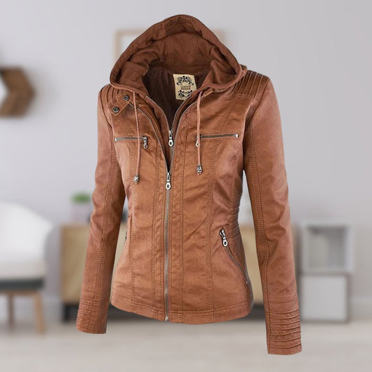 Annika | Damen Kunstleder Kapuzenjacke mit Reißverschluss Taillierter Women Coat