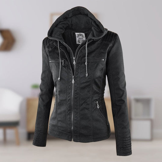 Annika | Damen Kunstleder Kapuzenjacke mit Reißverschluss Taillierter Women Coat