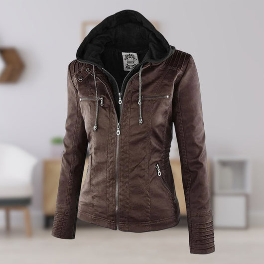 Annika | Damen Kunstleder Kapuzenjacke mit Reißverschluss Taillierter Women Coat