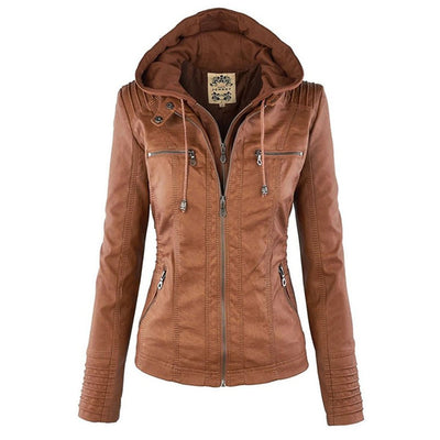 Annika | Damen Kunstleder Kapuzenjacke mit Reißverschluss Taillierter Women Coat