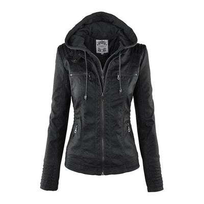 Annika | Damen Kunstleder Kapuzenjacke mit Reißverschluss Taillierter Women Coat
