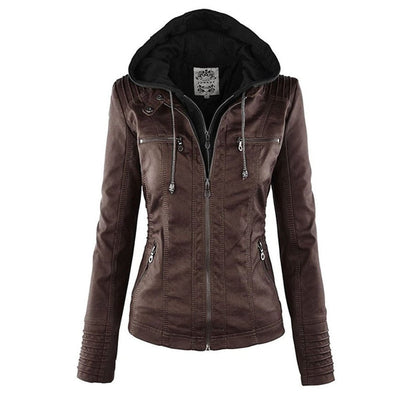Annika | Damen Kunstleder Kapuzenjacke mit Reißverschluss Taillierter Women Coat