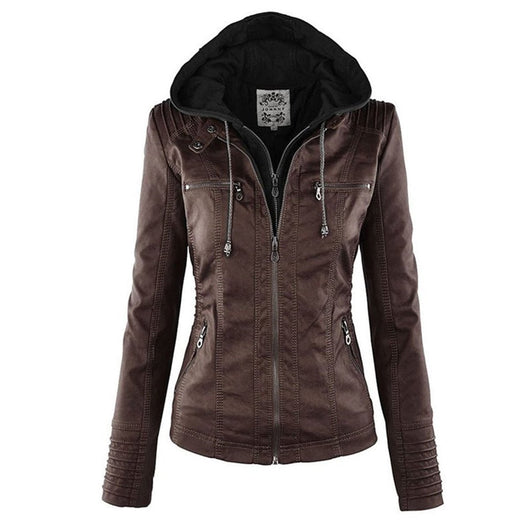 Annika | Damen Kunstleder Kapuzenjacke mit Reißverschluss Taillierter Women Coat