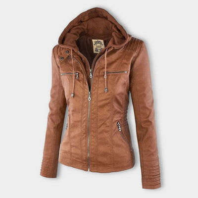Annika | Damen Kunstleder Kapuzenjacke mit Reißverschluss Taillierter Women Coat