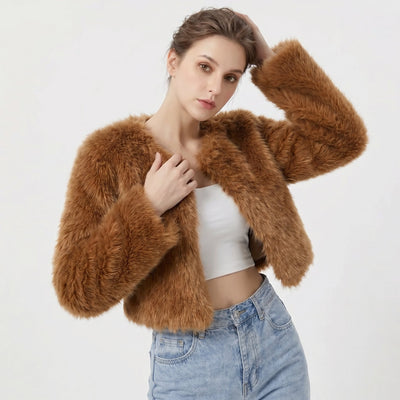 Lena | Damen Kurz Kunstpelz Cardigan Jacke