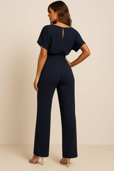 Greta | Damen Kurzarm Bindegürtel Weites-Bein Jumpsuit