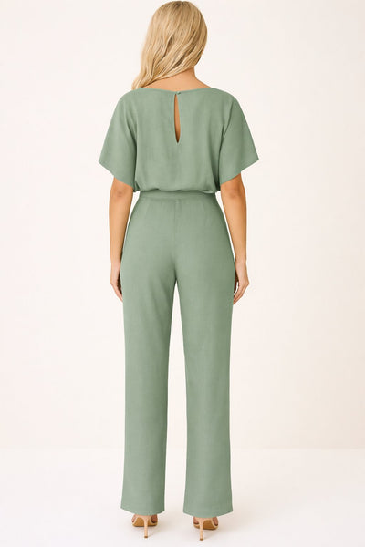 Greta | Damen Kurzarm Bindegürtel Weites-Bein Jumpsuit