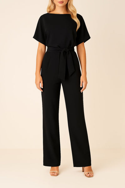 Greta | Damen Kurzarm Bindegürtel Weites-Bein Jumpsuit