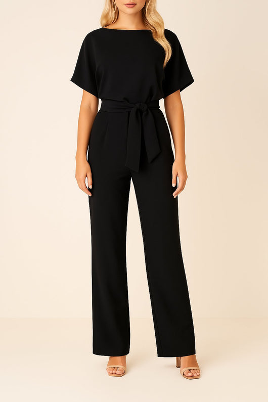 Greta | Damen Kurzarm Bindegürtel Weites-Bein Jumpsuit