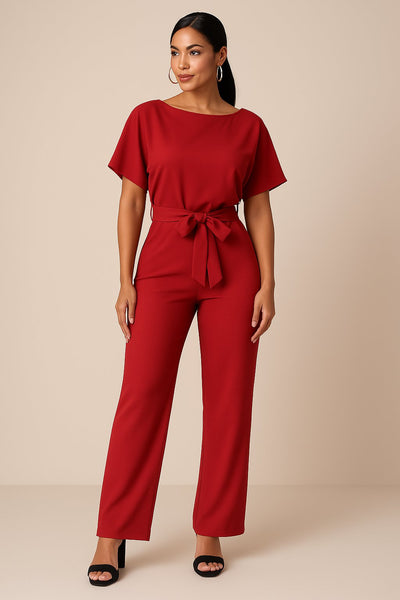 Greta | Damen Kurzarm Bindegürtel Weites-Bein Jumpsuit