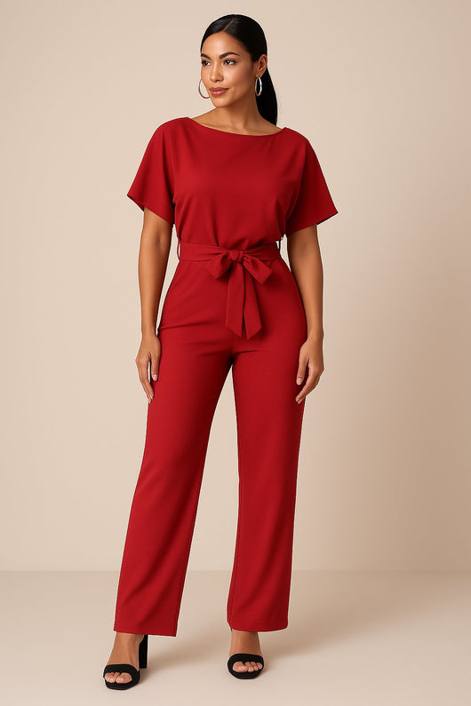 Greta | Damen Kurzarm Bindegürtel Weites-Bein Jumpsuit