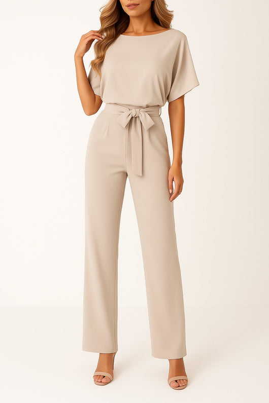 Greta | Damen Kurzarm Bindegürtel Weites-Bein Jumpsuit