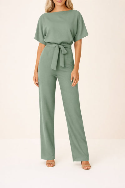 Greta | Damen Kurzarm Bindegürtel Weites-Bein Jumpsuit