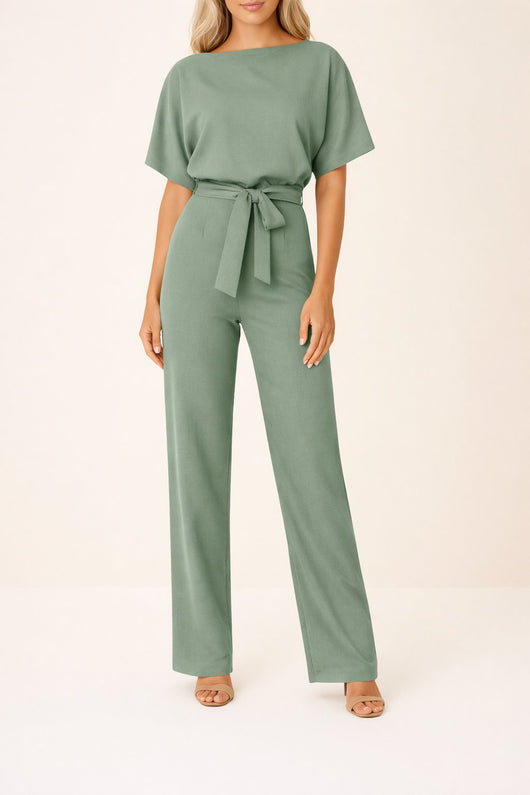 Greta | Damen Kurzarm Bindegürtel Weites-Bein Jumpsuit