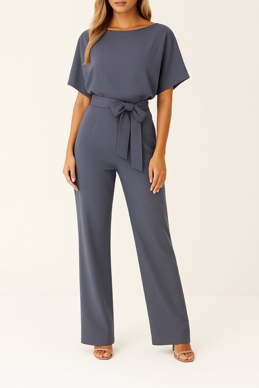 Greta | Damen Kurzarm Bindegürtel Weites-Bein Jumpsuit