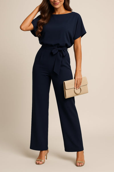 Greta | Damen Kurzarm Bindegürtel Weites-Bein Jumpsuit
